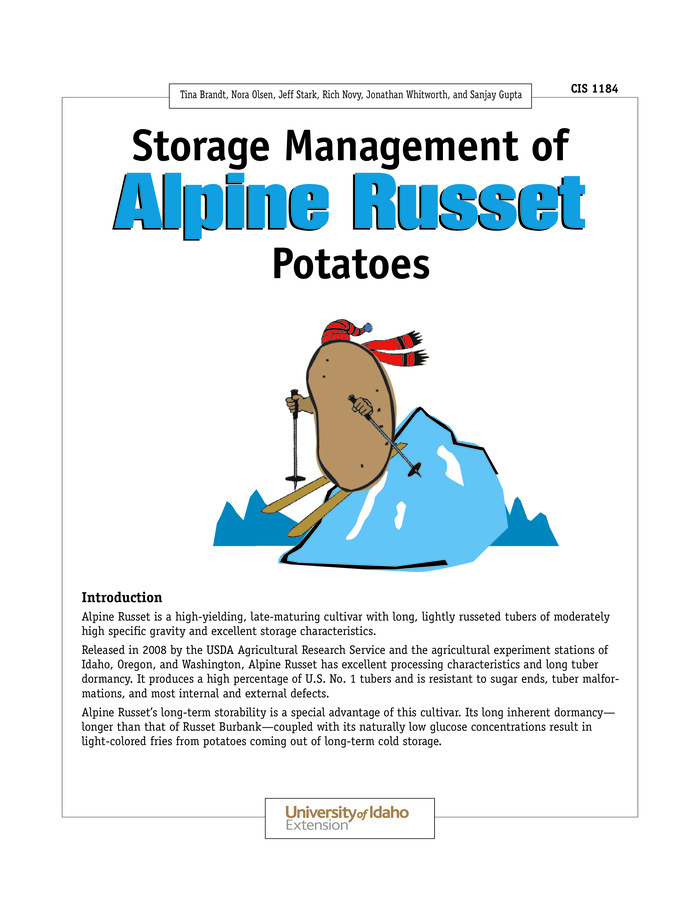 This publication describes optimal storage conditions for Alpine Russet potatoes based on three years of research at the University of Idaho Kimberly Research and Extension Center. Alpine Russet behavior in storage is compared with that of Russet Burbank.