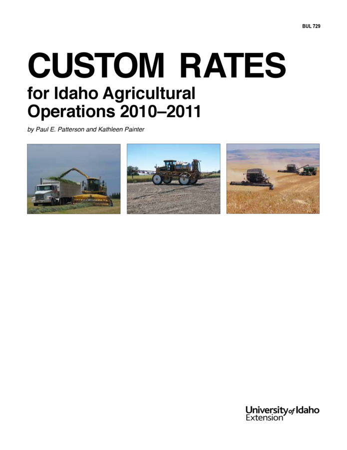 This publication reports the rates being charged for custom agricultural operations in Idaho. It also provides information on how to calculate machinery costs for setting custom rates and how to adjust historical custom rates using indices available from the USDA. 24 pp.   This is a REVISION. It's available online and in print. Printed copies cost $7 each.