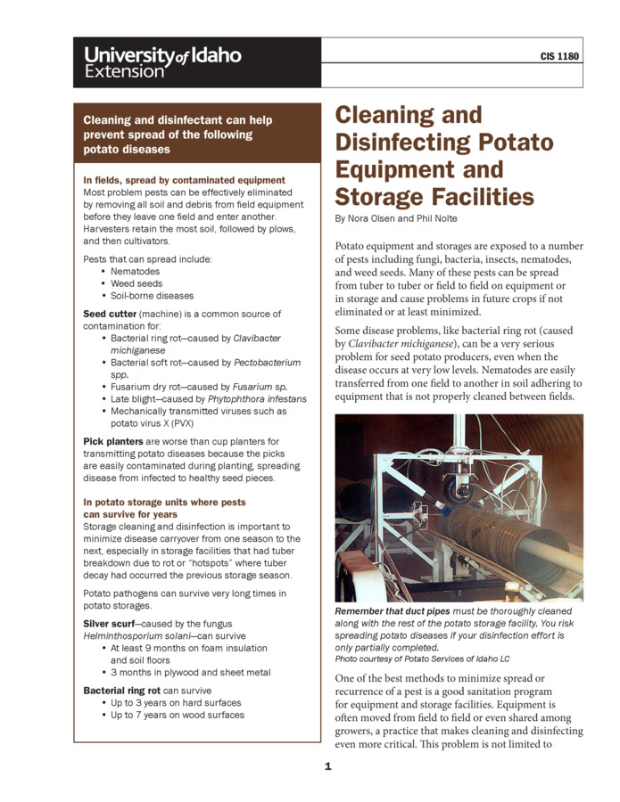 One important step in preventing the spread of potato diseases from field to field is the careful cleaning of equipment used in potato fields and by the effective cleaning of storage facilities before admitting new crops. CIS 1180, in 5 illustrated pages, lists best practices for cleaning both field equipment and storage units.