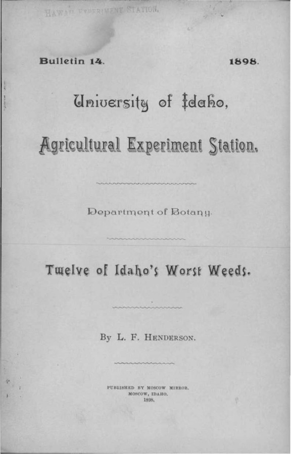 Idaho Agricultural Experiment Station, Bulletin No. 014, 1898