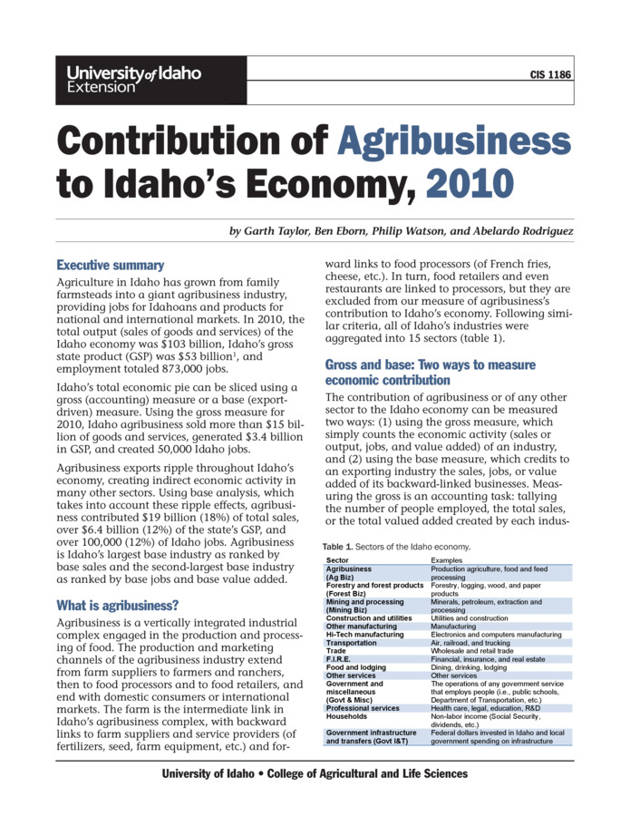 In 2010, Idaho agribusinesses sold more than $15 billion of goods and services, generated $3.4 billion in gross state product, and created 50,000 Idaho jobs. It was Idaho's largest base industry by sales and second-largest base industry by jobs and value added. This publication gives the contributions of agribusiness and other economic sectors to the overall Idaho economy in 2010.