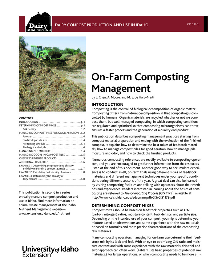 This publication describes composting management practices starting from compost material preparation and ending with the evaluation of the finished product.