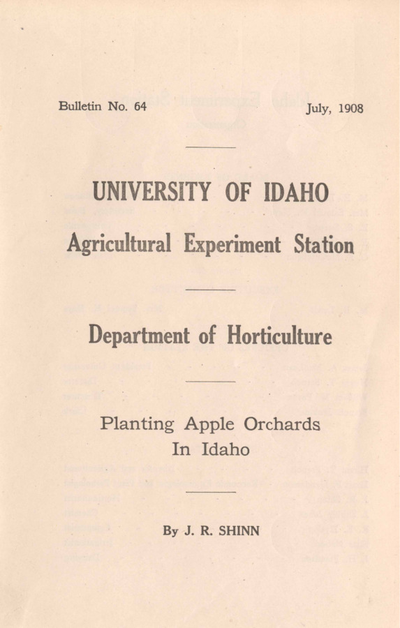 50 p., University of Idaho Agricultural Experiment Station, Bulletin No. 64, July 1908.