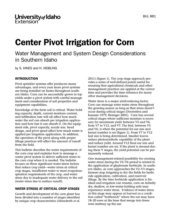 This bulletin describes the water requirements of the corn crop and explains how to manage a center pivot irrigation system to deliver enough water to the crop at the right times. It focuses on three sources of water stress that can reduce crop yield: water stress at critical crop stages, insufficient water to meet evapotranspiration requirements of the crop, and water stress due to surface runoff of applied water.