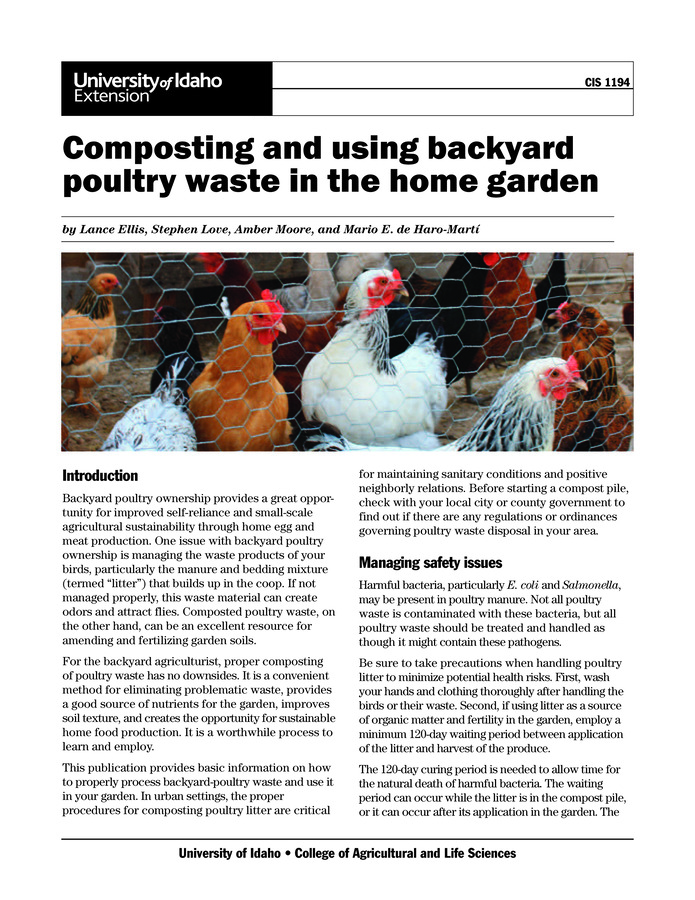 Discusses  sheet and pile composting methods, use of composted litter in the garden, and safety and plant health issues associated with using poultry waste in the garden.  A photo series depicts various ratios of poultry manure to poultry bedding and points out which are suitable for composting.