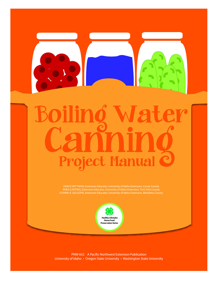 For ages 8-18, the boiling water canning project manual covers the basics of healthy eating and food safety and specific instructions for canning fruits, tomatoes, tomato salsa, pickles, and jams and jellies with and without added pectin. Sixteen hands-on activities engage youth in canning a variety of foods and using canned foods in menu planning and taste tests. Each activity concludes with questions for further learning. The manual follows USDA food-preservation guidelines. Other manuals in the series deal with freezing (ages 8-18), drying (ages 8-18), and pressure canning (ages 14-18).