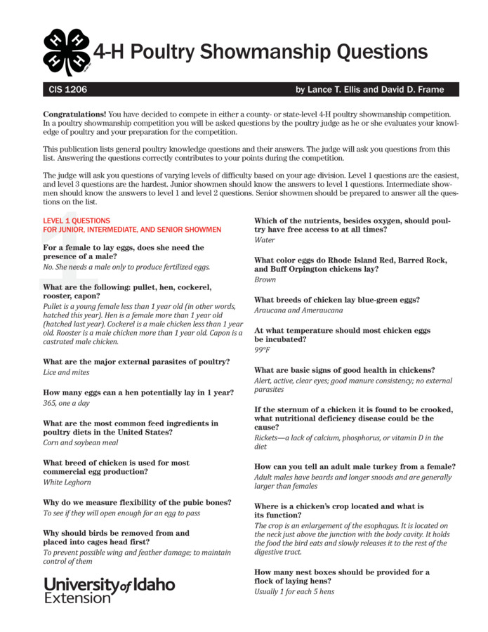 Lists questions a 4-H member could be asked by the judge during a 4-H poultry showmanship competition. Questions are organized by level of difficulty (junior, intermediate, and senior) and are followed by answers. 4 pages.