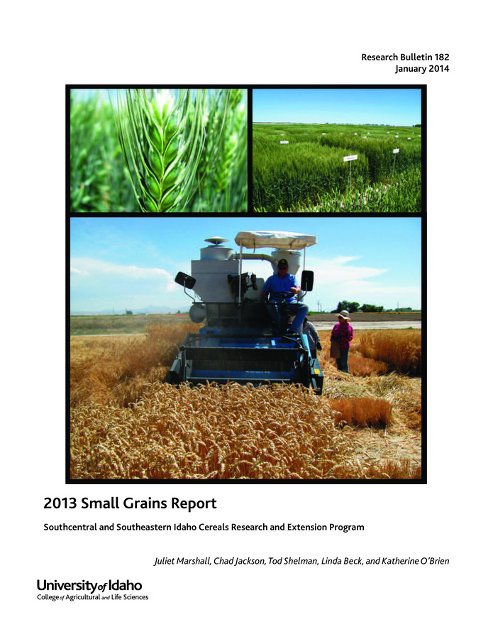 The annual report of the southcentral and southeastern Idaho cereals research and extension program provides 2013 agronomic data for hard and soft white winter wheats; hard and soft white spring wheats; and 6-row, 2-row malt, and 2-row feed barleys at six winter and five spring locations. Also included are end-use quality data. 128 pages.