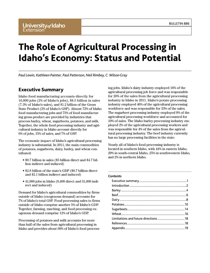 Idaho food manufacturing accounts directly for 16,000 Idaho jobs (2% of the total), $8.5 billion in sales (7.3% of the total), and $1.2 billion of Idaho's gross state product (2% of GSP).  This publication discusses the economic contributions made by the processing of barley, beef, dairy products, potatoes, sugarbeets, and wheat in Idaho. For each commodity, the publication discusses economic contribution, processing and location, production and price trends, and strengths, weaknesses, opportunities, and threats.