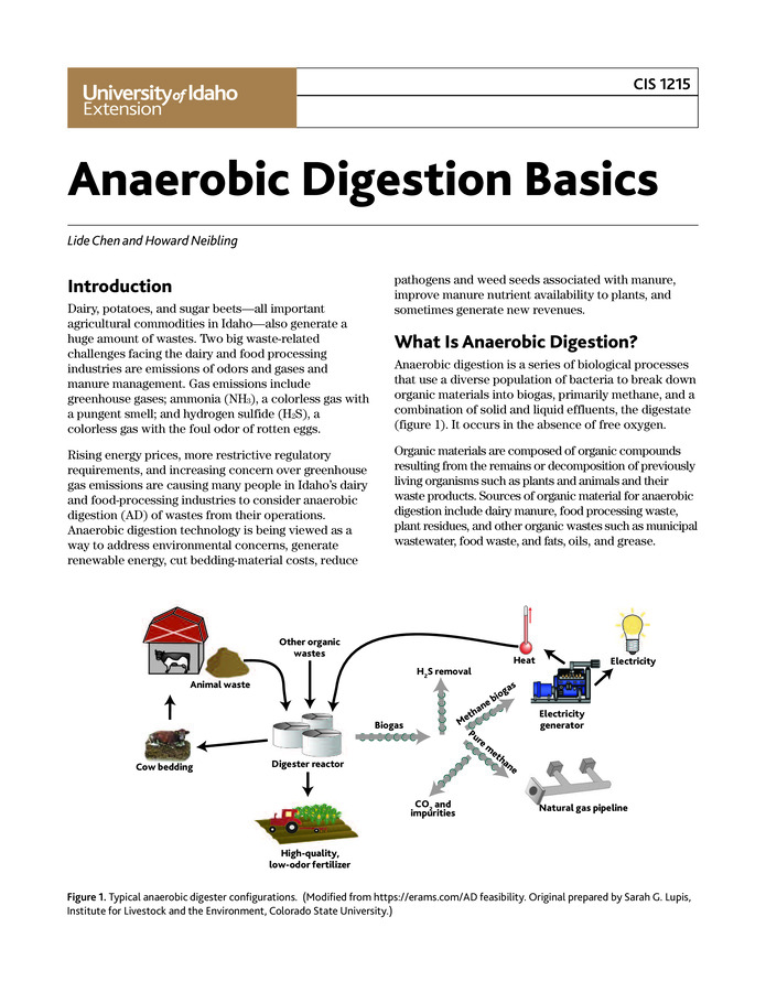 Anaerobic digestion offers the dairy and food-processing industries a way to address environmental concerns associated with waste, generate renewable energy, cut bedding-material costs, reduce pathogens and weed seeds associated with manure, and improve manure nutrient availability to plants. This publication explains how anaerobic digestion works, discusses important factors that affect performance, and describes four kinds of anaerobic digesters suitable for animal farms.