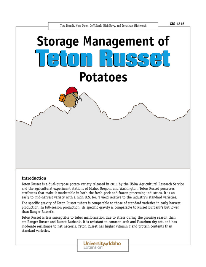 This publication describes optimal storage conditions for Teton Russet potatoes based on three years of research at the University of Idaho Kimberly Research and Extension Center. Teton Russet behavior in storage is compared with those of Russet Burbank and Russet Norkotah.