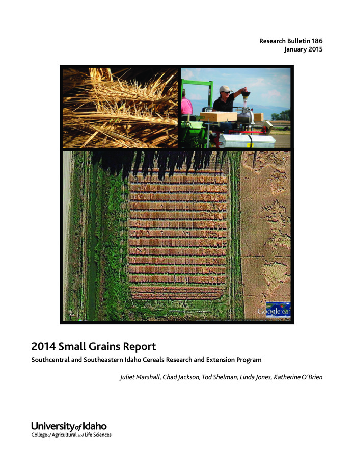 The annual report of the southcentral and southeastern Idaho cereals research and extension program provides 2014 agronomic data for hard and soft white winter wheats; hard and soft white spring wheats; and 6-row, 2-row malt, and 2-row feed barleys at seven winter and five spring locations. Also included are quality and end-use data from the 2013 growing year. 132 pages.