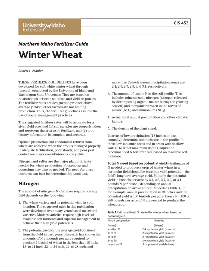 This publication offers fertilizer guidelines for winter wheat based on relationships between soil tests and yield responses for winter wheat. The fertilizer rates are designed to produce above- average yields. Includes information for nitrogen, phosphorus, sulfur, potassium, and water quality.