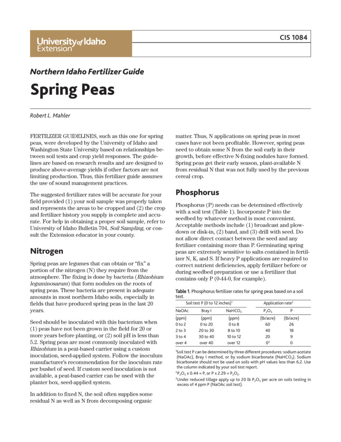 This publication offers fertilizer guidelines for spring peas based on relationships between soil tests and yield responses. The fertilizer rates are designed to produce above-average yields. It offers information for nitrogen, phosphorus, potassium, sulfur, boron, molybdenum, zinc, and lime and discusses water quality considerations.