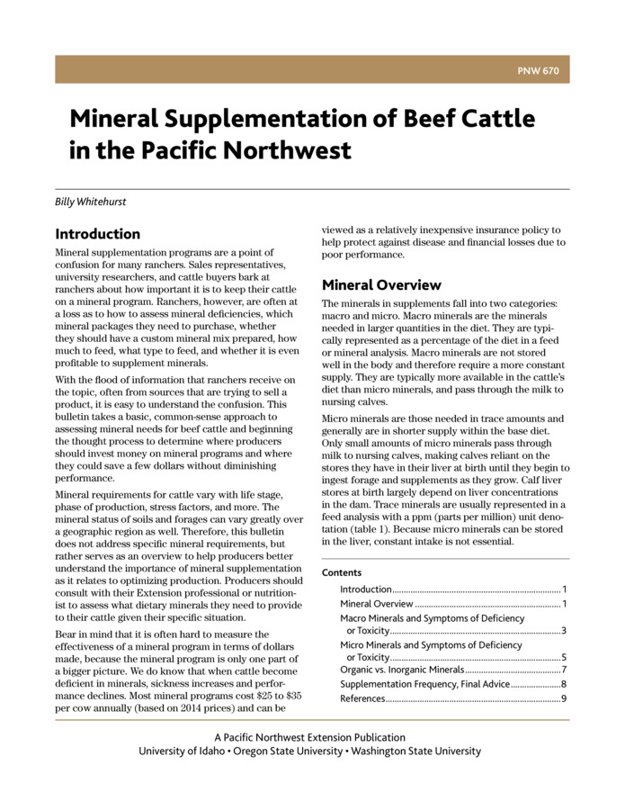 This bulletin will help ranchers to assess the mineral needs of their beef cattle and to start thinking about where to invest money on mineral programs and where to save a few dollars without diminishing animal performance. Topic covered include determining deficiencies, antagonists, mineral interactions, symptoms of deficiency or toxicity for various macro and micro minerals, organic vs. inorganic minerals, and supplementation frequency. Minerals discussed include calcium, phosphorus, magnesium, potassium, sodium, sulfur, iron, selenium iodine, cobalt, molybdenum, copper, zinc, and manganese.