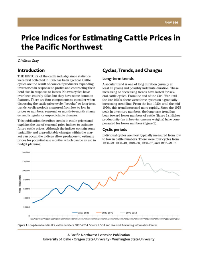 This publication describes trends in cattle prices and explains the use of seasonal price indices to estimate future cattle prices. The indices allow producers to estimate prices for potential sale months, which can be helpful in budget planning.