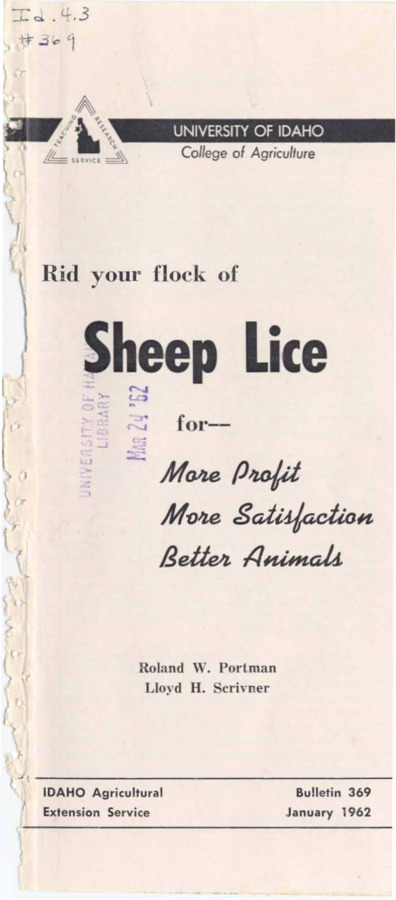 4 p., Rid your flock of Sheep Lice, Bulletin No. 369, January 1962