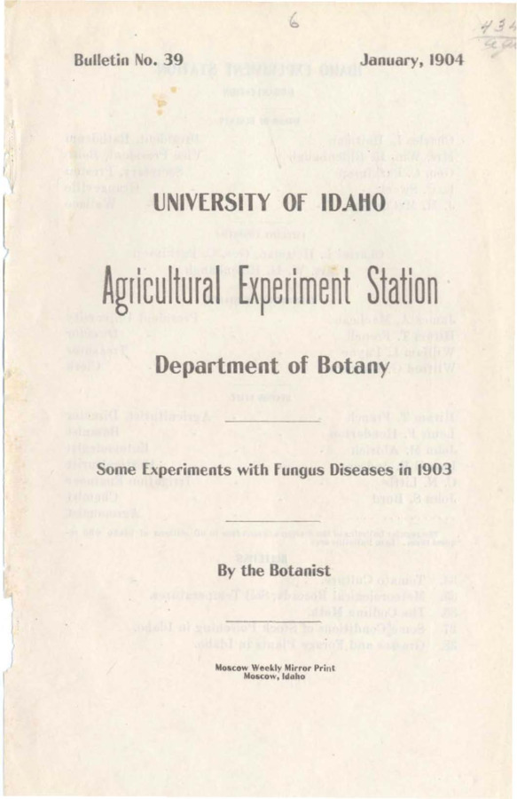 18 p., University of Idaho Agricultural Experiment Station, Bulletin No. 39 Jan. 1904