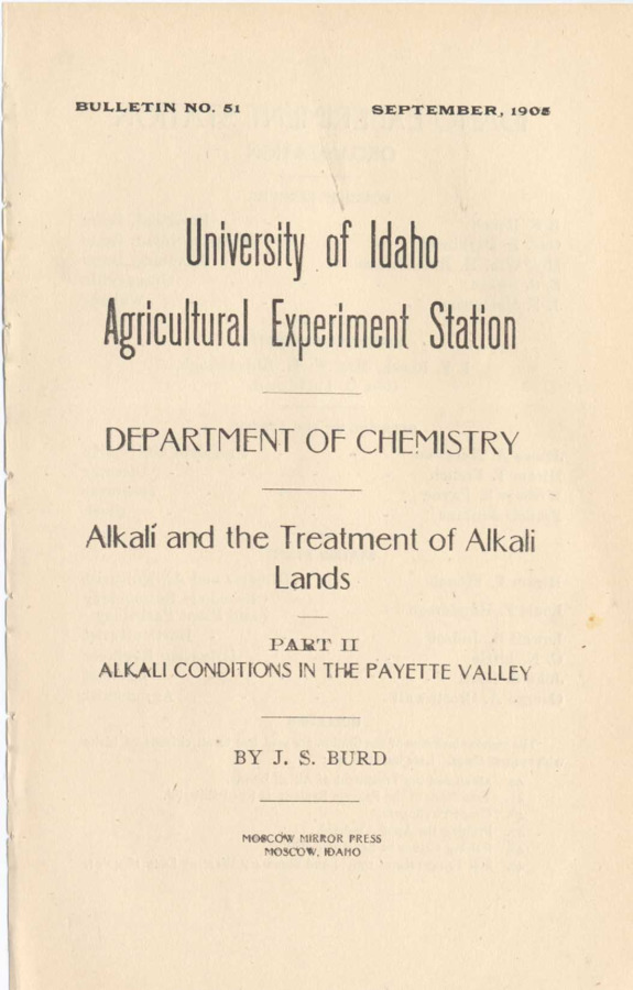 20 p., University of Idaho Agricultural Experiment Station, Bulletin No. 51 Sept. 1905