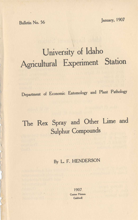 12 p., University of Idaho Agricultural Experiment Station, Bulletin No. 56 Jan. 1907