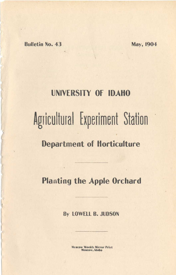 46 p., University of Idaho Agricultural Experiment Station, Bulletin No. 43 May 1904