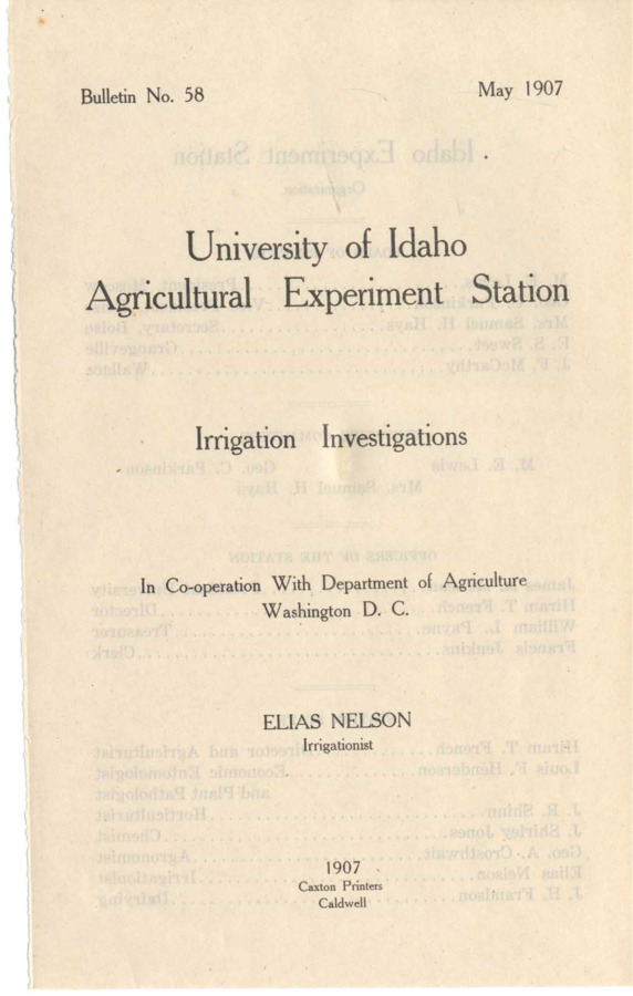 46 p., University of Idaho Agricultural Experiment Station, Bulletin No. 58 May 1907