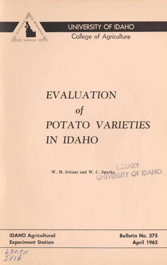 5 p., Evaluation of Potato Varieties in Idaho, Bulletin No. 375, April 1962