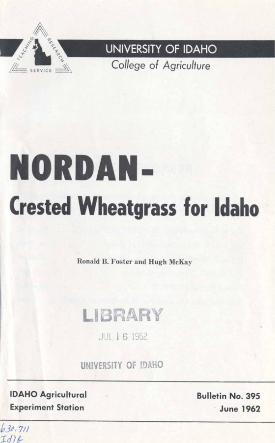 8 p., Nordan- Crested Wheatgrass for Idaho, Bulletin No. 395, June 1962