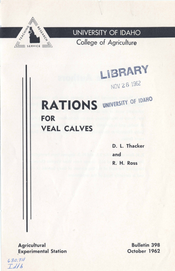8 p., Rations for Veal Calves, Bulletin No. 398, October 1962