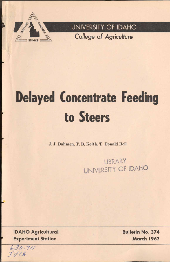 10 p., Delayed Concentrate Feeding to Steers, Bulletin No. 374, March 1962