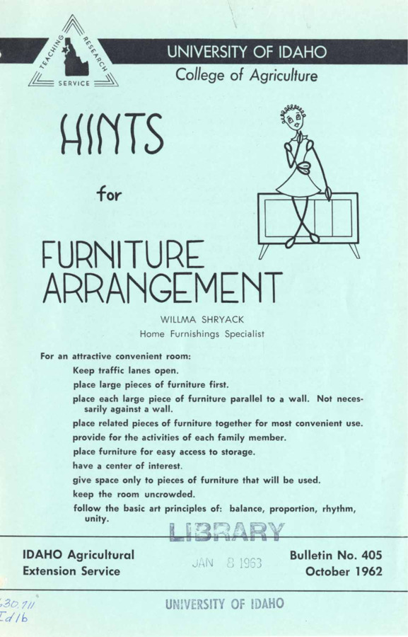 4 p., Hints for Furniture Arrangement, Bulletin No. 405, October 1962