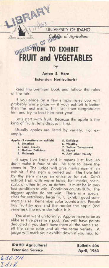 6 p., How to Exhibit Fruit and Vegetables, Bulletin No. 406, April 1963