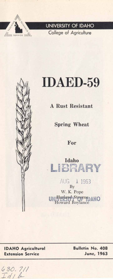 4 p., Idaed-59 A Rust Resistand Spring Wheat, Bulletin No. 408, June 1963