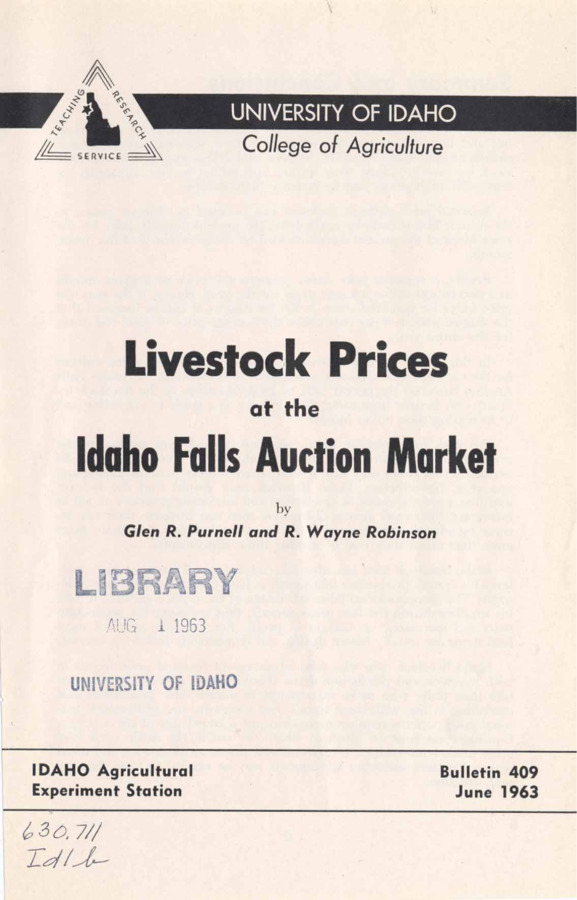 23 p., Livestock Prices at the Idaho Falls Auction Market, Bulletin No. 409, June 1963