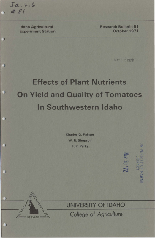 12 p., Idaho Agricultural Experiment Station, Research Bulletin 81, October 1971
