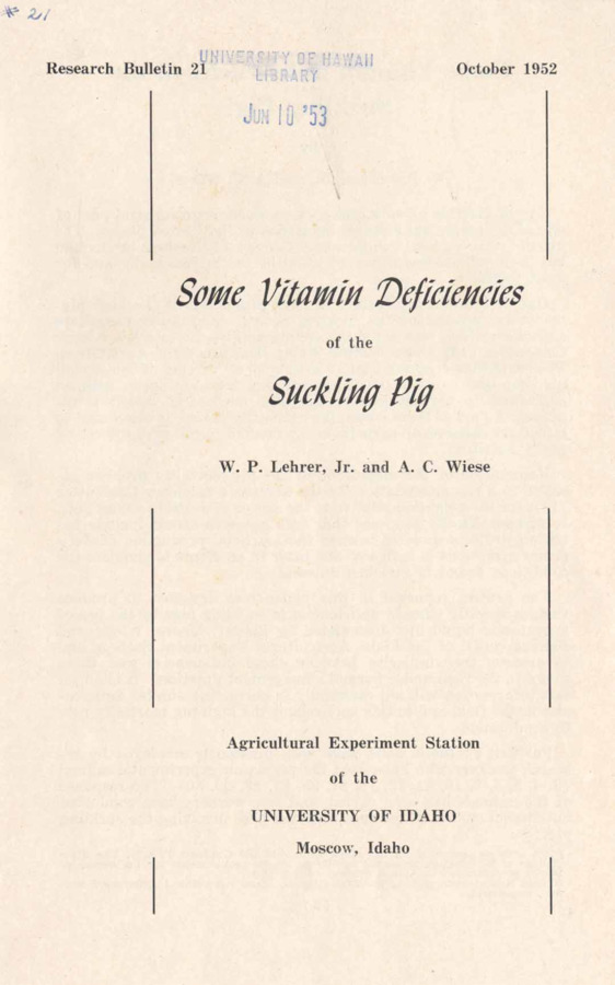 48 p., Idaho Agricultural Experiment Station, Research Bulletin No. 21, October 1952.