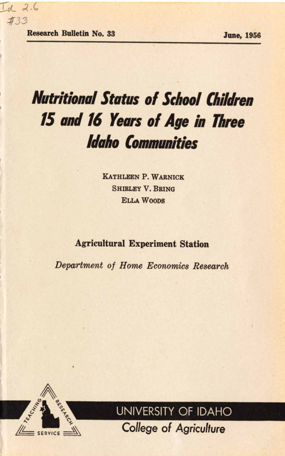 77 p., Idaho Agricultural Experiment Station, Research Bulletin No. 33, April 1956.