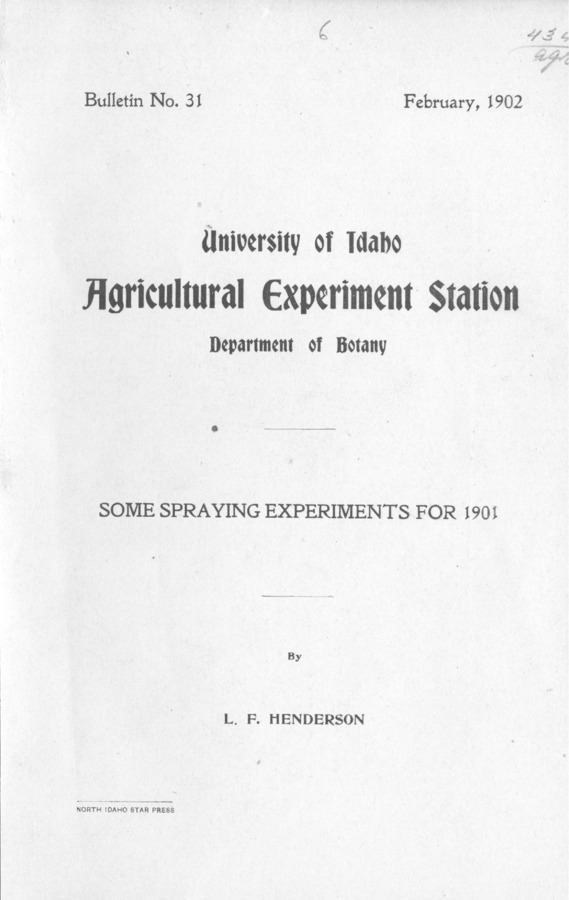 15 p., University of Idaho Agricultural Experiment Station, Bulletin No. 31, Febuary 1902.