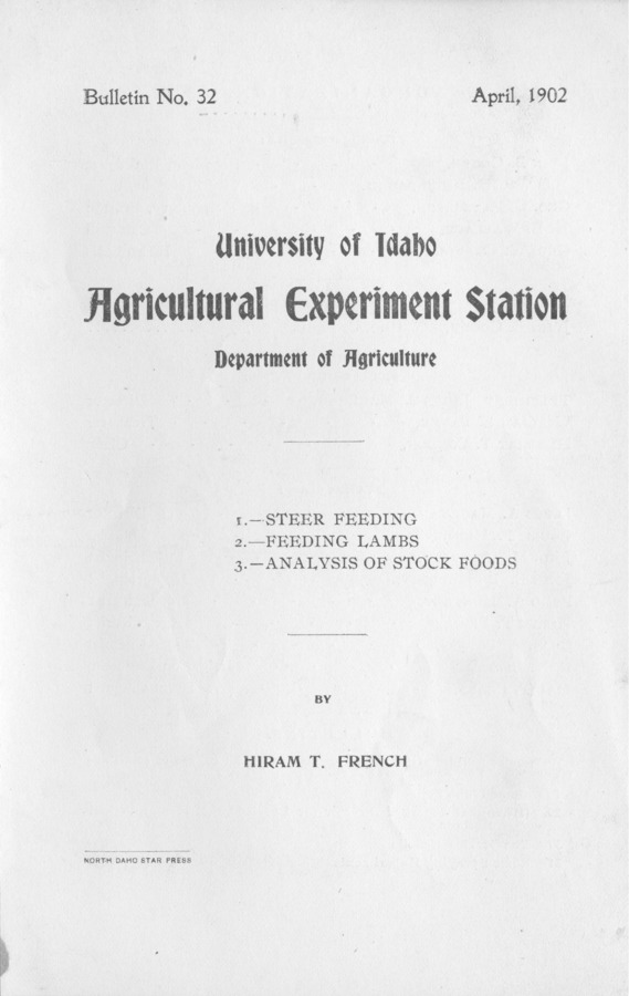 22 p., University of Idaho Agricultural Experiment Station, Bulletin No. 32, April 1902.