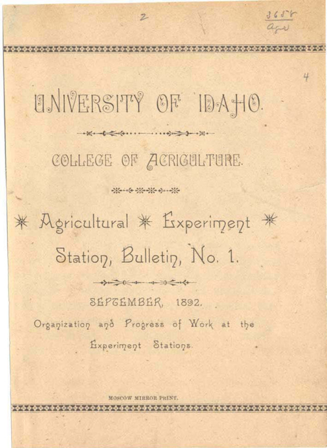 Idaho Agricultural Experiment Station,  Bulletin No. 001, 1892