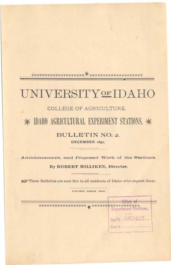 Idaho Agricultural Experiment Station,  Bulletin No. 002, 1892