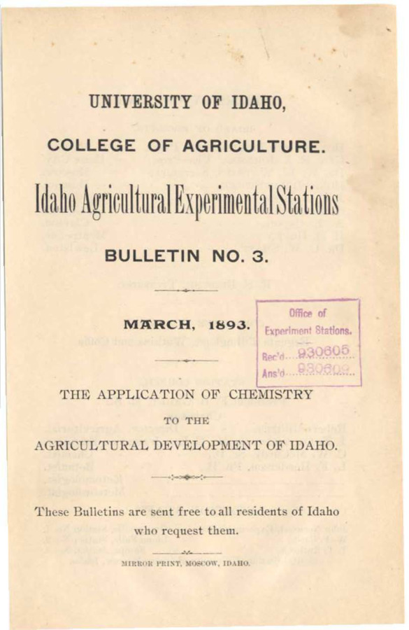 Idaho Agricultural Experiment Station,  Bulletin No. 003, 1893
