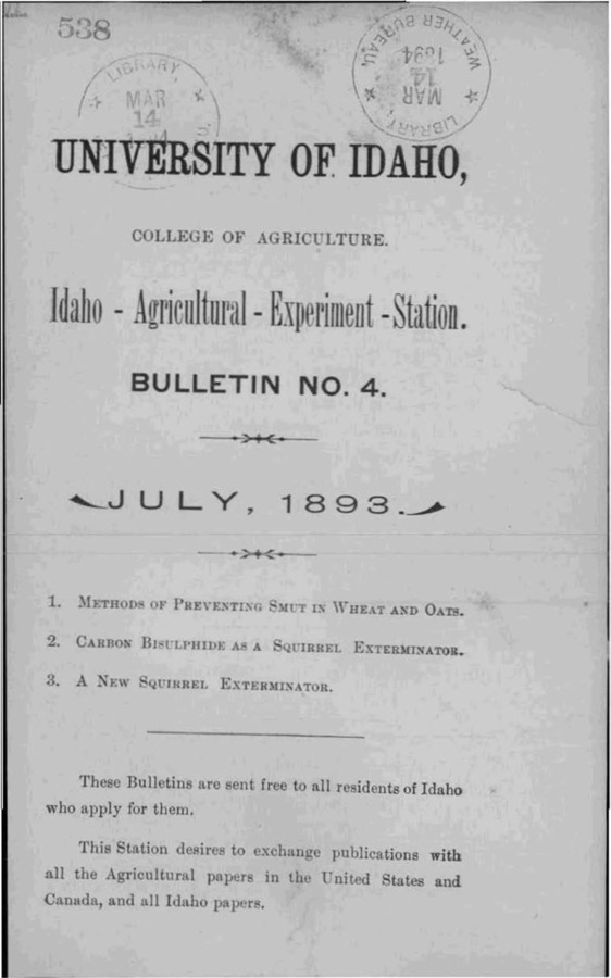 Idaho Agricultural Experiment Station,  Bulletin No. 004, 1893