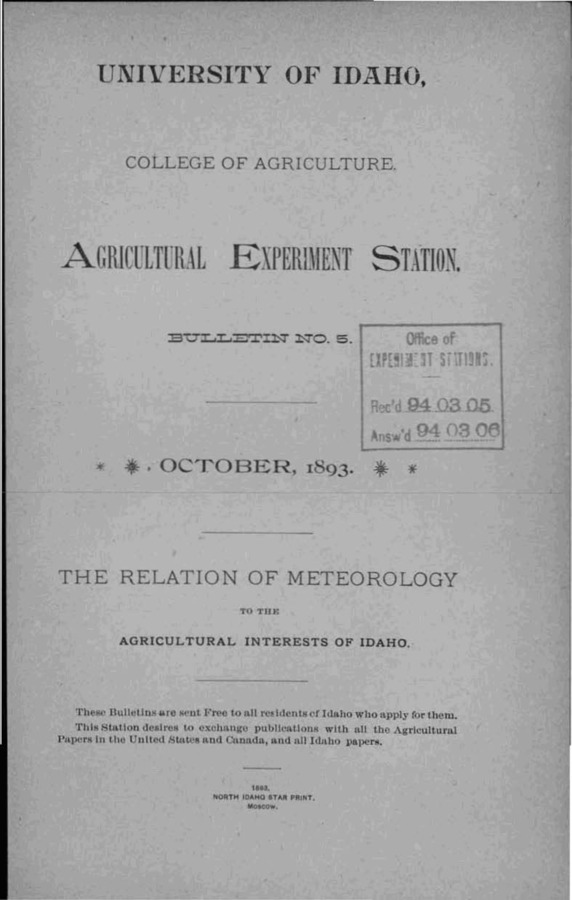 Idaho Agricultural Experiment Station,  Bulletin No. 005, 1893