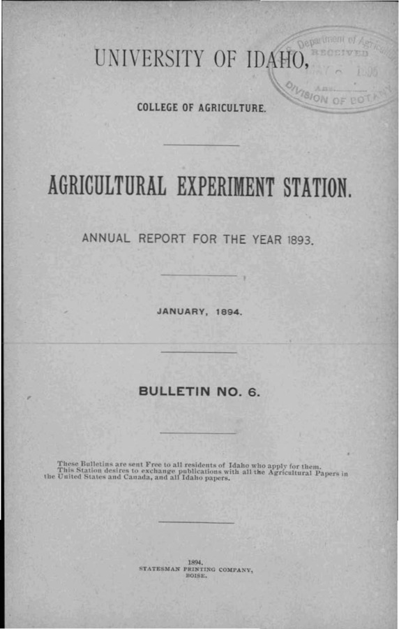 Idaho Agricultural Experiment Station,  Bulletin No. 006, 1894