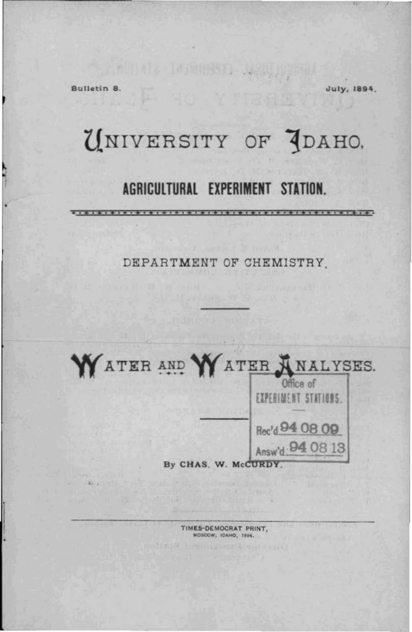 Idaho Agricultural Experiment Station,  Bulletin No. 008, 1894
