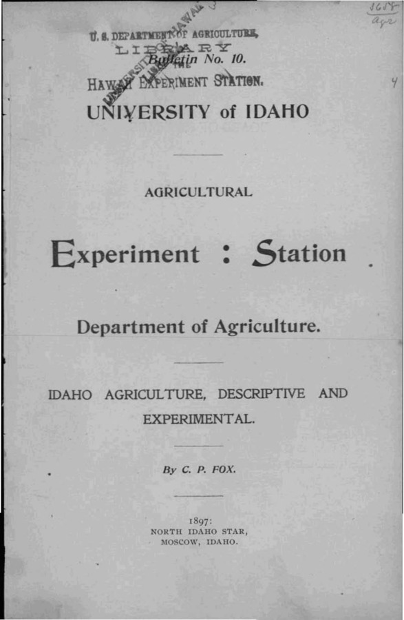 Idaho Agricultural Experiment Station,  Bulletin No. 010, 1897