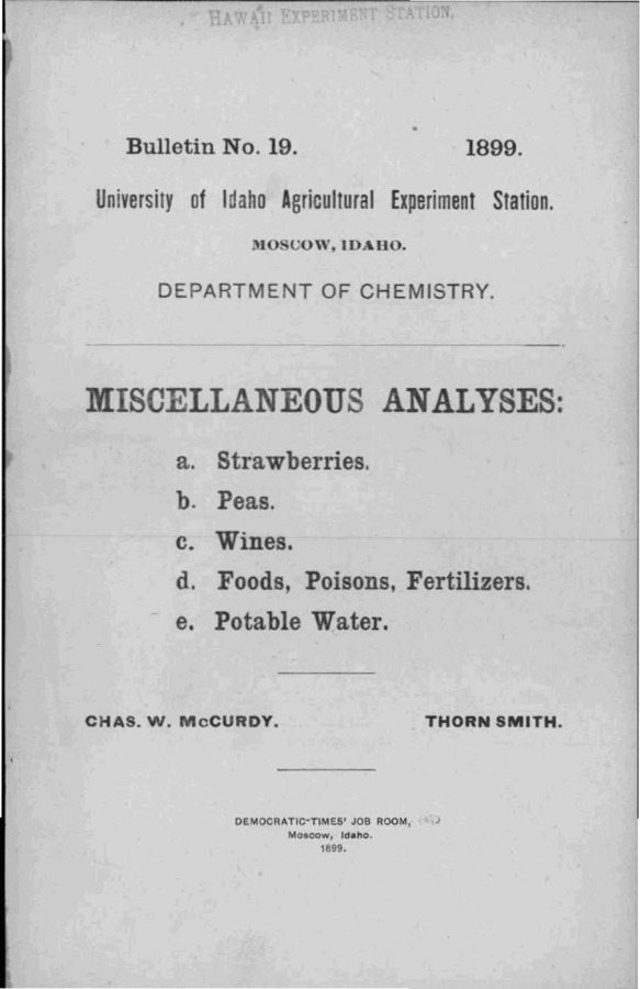 Idaho Agricultural Experiment Station,  Bulletin No. 019, 1899