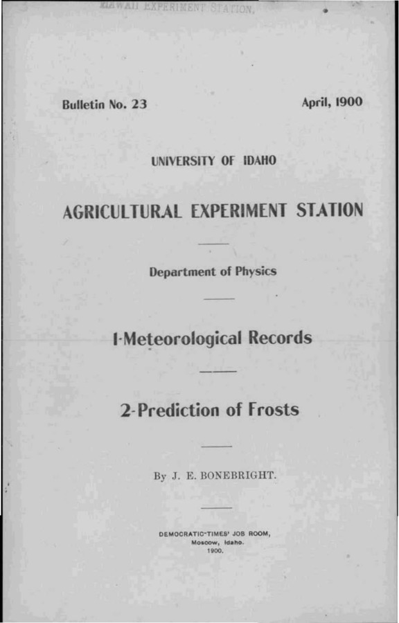 Idaho Agricultural Experiment Station,  Bulletin No. 023, 1900