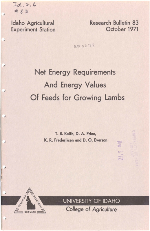 12 p., Idaho Agricultural Experiment Station, Research Bulletin 83, October 1971